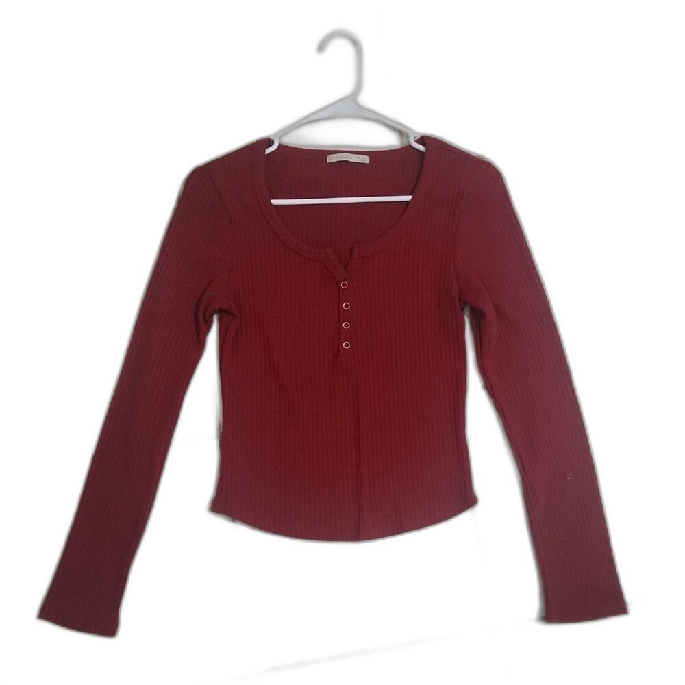 Active USA Womens Medium Red Ribbed Henley Top Long Sleeve Fitted Stretch